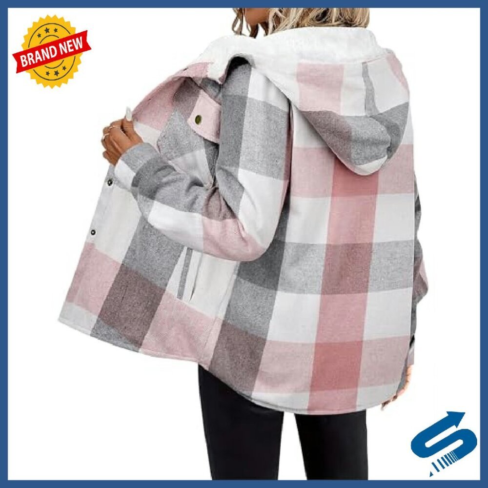 Women's Plaid Shacket Hooded Fleece Jacket Long Sleeve Oversized Fit - Picture 5 of 8